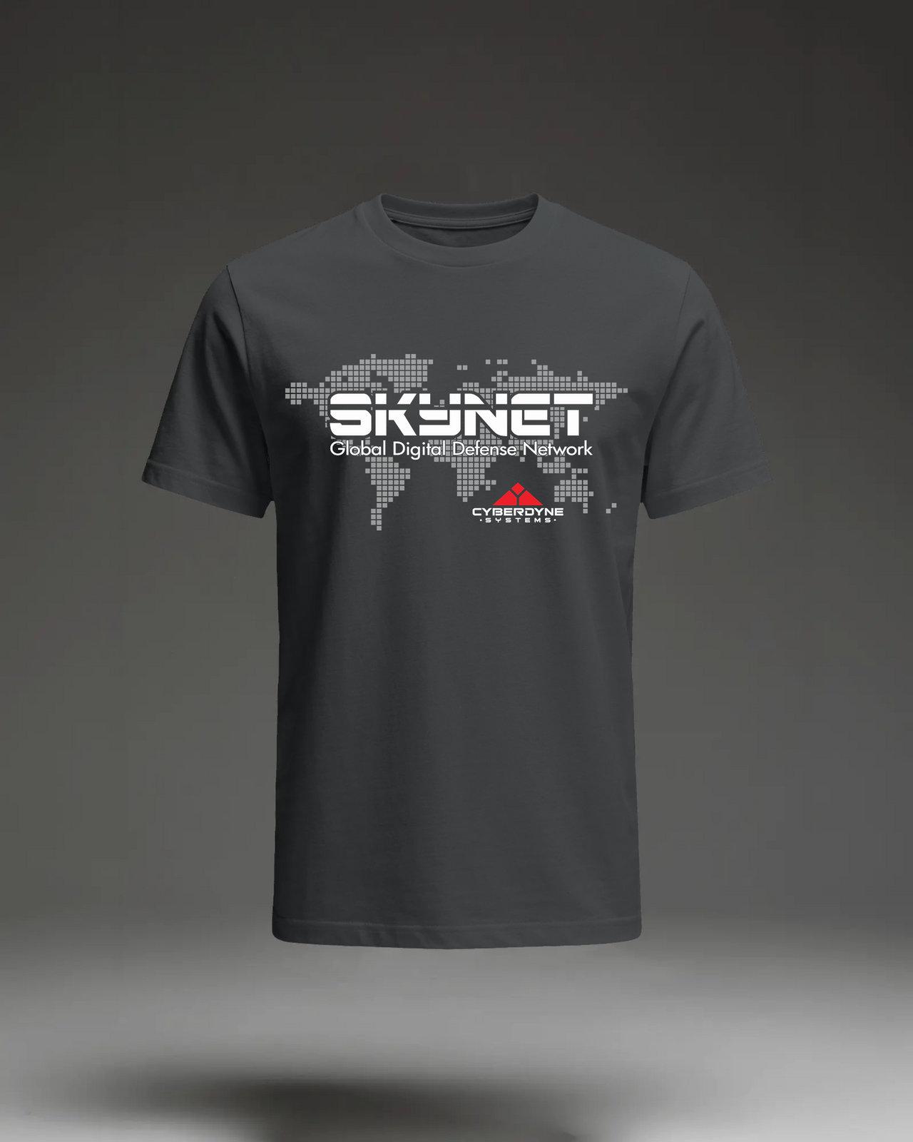 Skynet T-Shirt in Black flat mockup showing the sci-fi movie inspired graphic print.