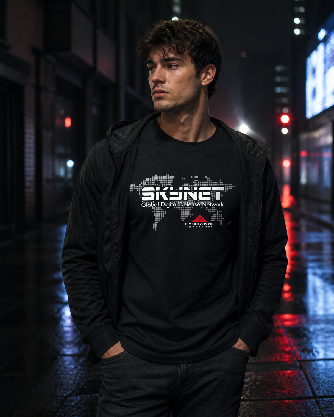 Skynet T-Shirt in Black worn in a moody urban night lifestyle scene with the sci-fi graphic print visible.