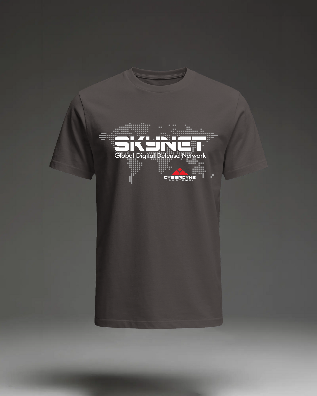 Skynet T-Shirt in Dark Chocolate flat mockup showing the sci-fi movie inspired graphic print.