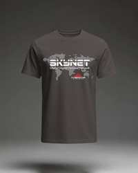 Thumbnail for Skynet T-Shirt in Dark Chocolate flat mockup showing the sci-fi movie inspired graphic print.