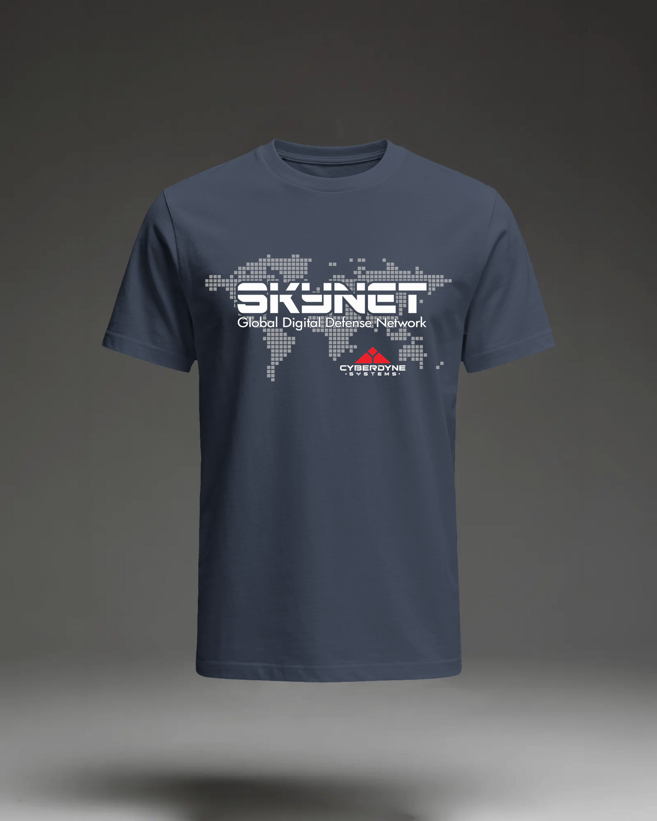 Skynet T-Shirt in Navy flat mockup showing the sci-fi movie inspired graphic print.