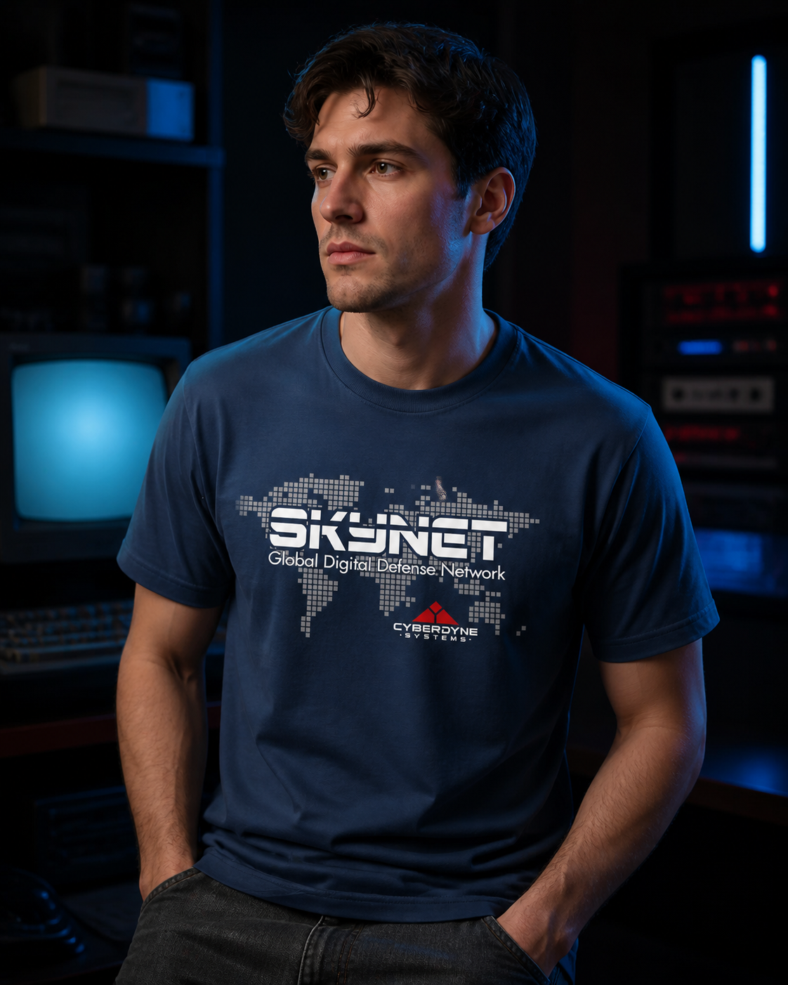 Skynet T-Shirt in Navy worn in a retro gaming lifestyle scene with the sci-fi graphic print visible.