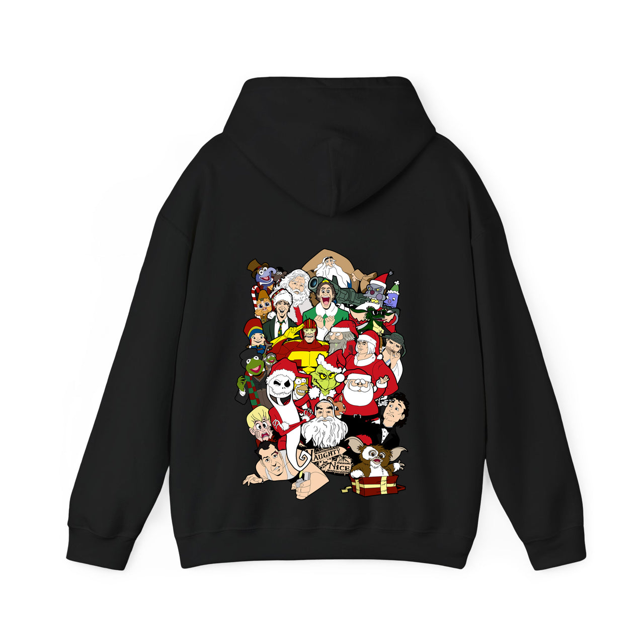 Black Christmas Chaos hoodie back view with enlarged character collage