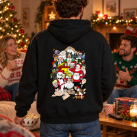 Thumbnail for Adult wearing a black Christmas Chaos back-print hoodie, viewed from behind at a Christmas film night with friends