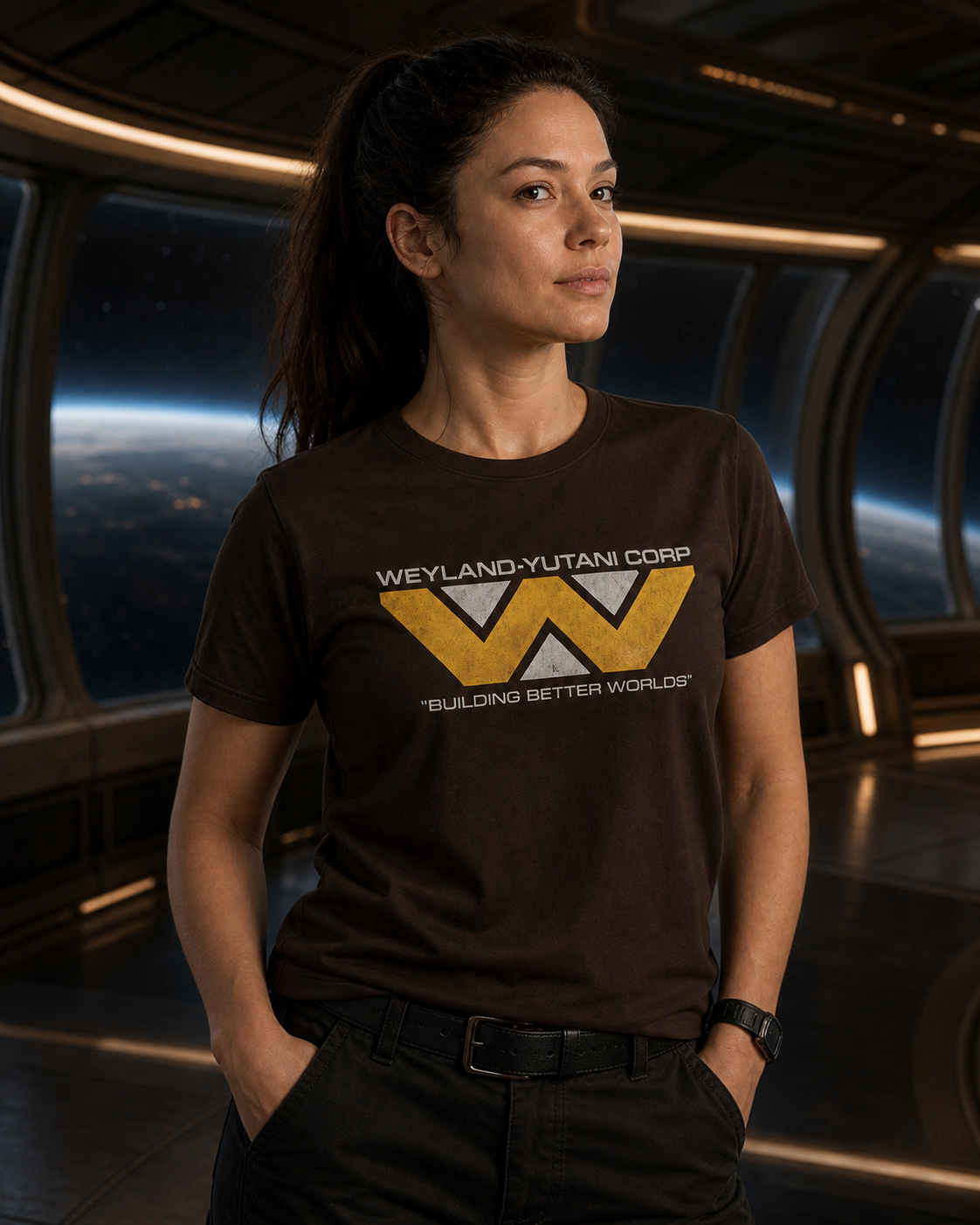 Weyland Yutani Corporation Building Better Worlds T-shirt, Dark Chocolate lifestyle image