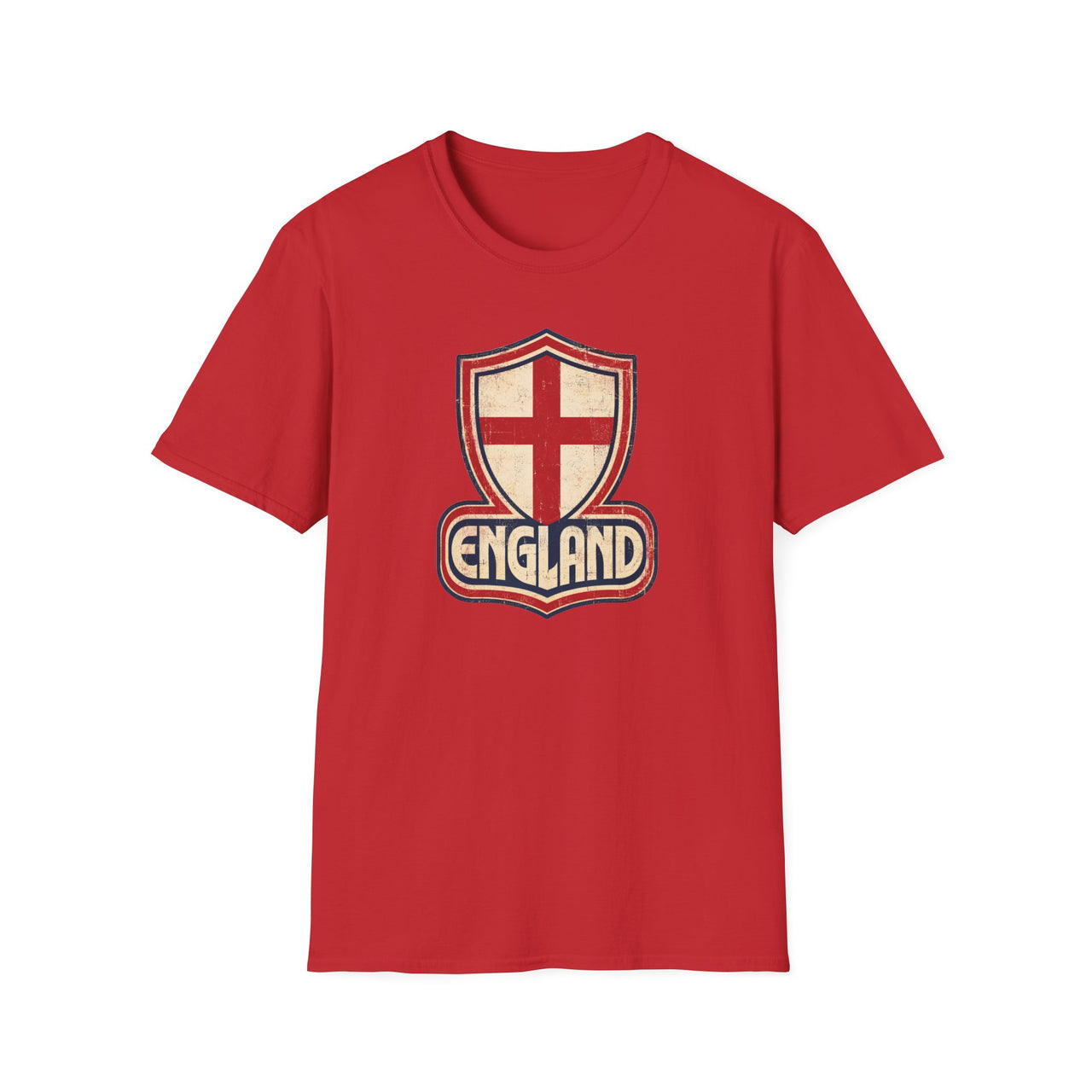 Red England St George Retro T-Shirt with vintage shield and England logo design.
