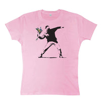 Thumbnail for Banksy Womens T-Shirt - Throwing Flowers - 8Ball Fitted Womens T-Shirt